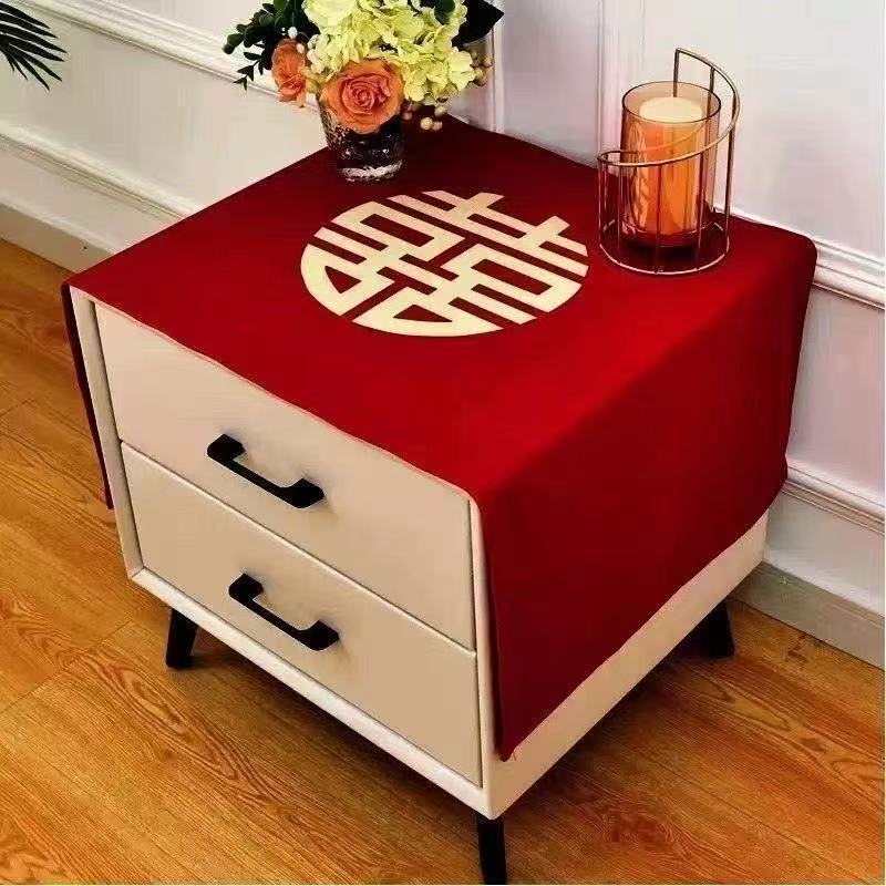 Wedding Red Bedside Table Cover Chinese Embroider Happy Word Tablecloth Washing Machine Refrigerator Dust Cover Coffee Table Tablecloth