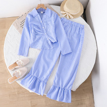 跨境女童套装2025秋季新款洋气不规则收腰长袖衬衫休闲条纹喇叭裤