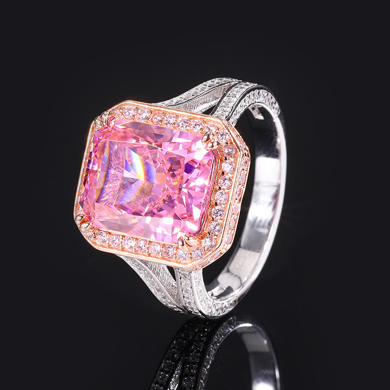 Zhuang Sheng joyería S925 plata Diamante de alto carbono rectangular 10g simple elegante oro rosa color separación anillo piedra principal 10*1