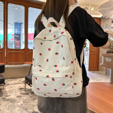 跨境新品青少年女孩书包学生高中灯芯绒草莓印花电脑背包双肩包女