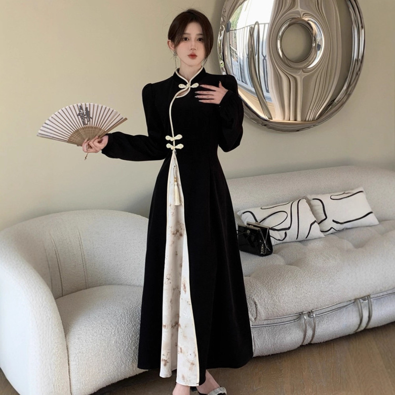 Improved Model, Please See the Actual Product before Placing an Order. Autumn Long New Chinese Style High-End Cheongsam Black Sexy Improved Model, Please See the Actual Product before Placing an Order. Autumn Long New Chinese Style High-End Cheongsam Black Sexy