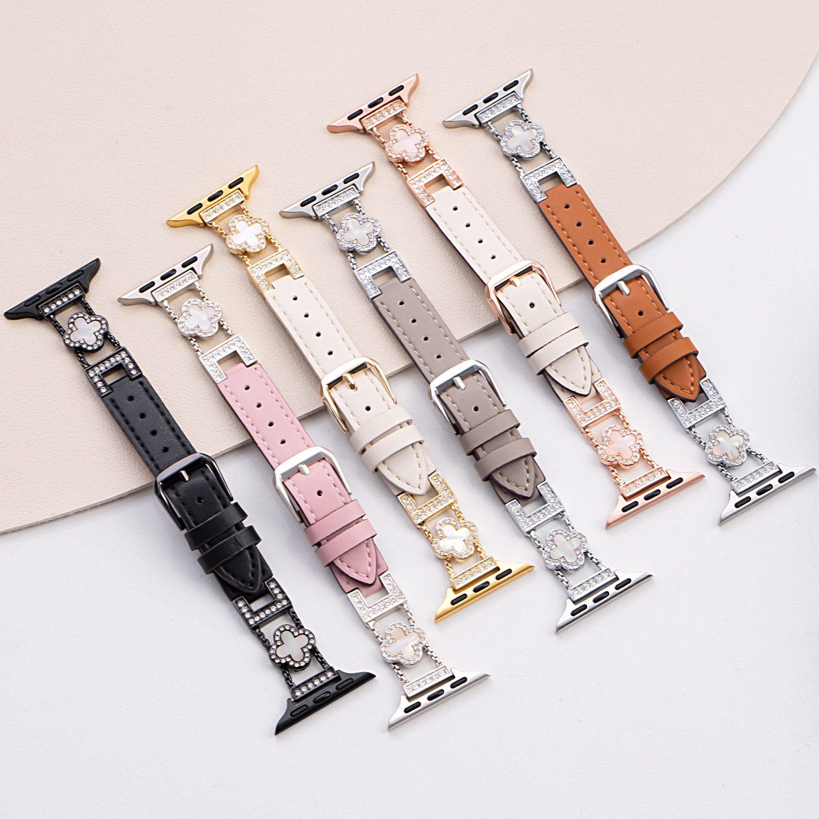 New Model Suitable for Applewatch S11 Watch Strap, Four-Leaf Clover Leather Women's iWatch S10 Metal Watch Strap