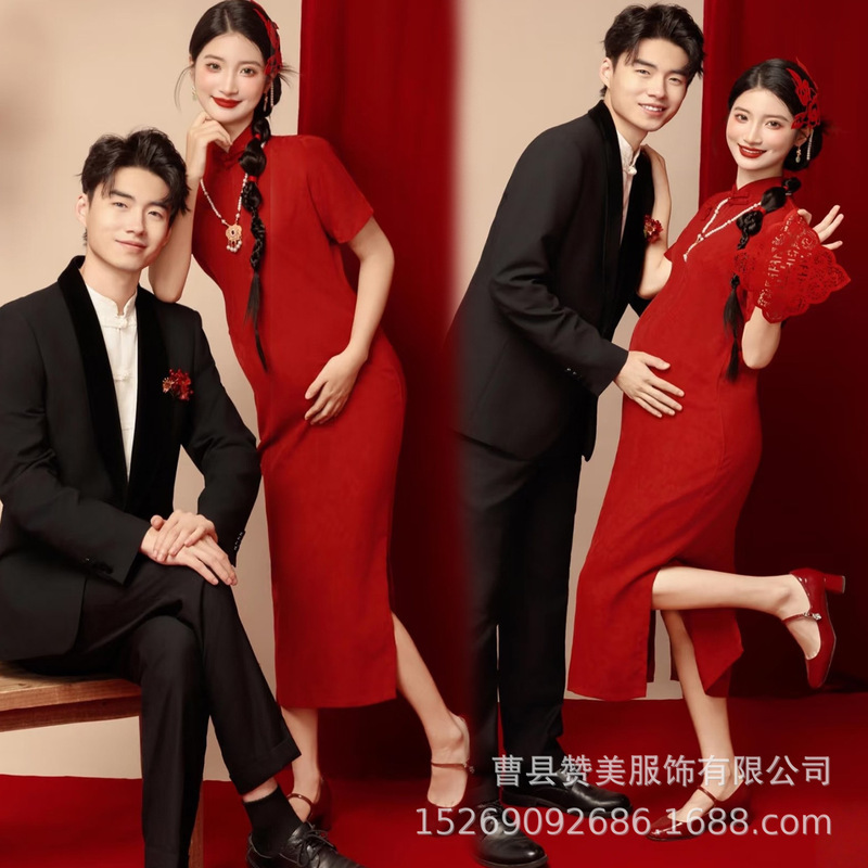 New Studio Outfits for Couple Photos, New Year's Day Themed Red Cheongsam, Maternity Photoshoot Outfits New Studio Outfits for Couple Photos, New Year's Day Themed Red Cheongsam, Maternity Photoshoot Outfits