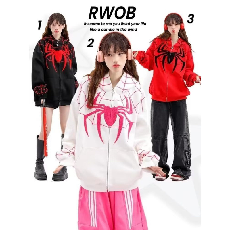 Cross-border High Street American Cardigan Sweater Women's Spring and Autumn Design Niche Spider-Man Zipper Hooded Loose Jacket Cross-border High Street American Cardigan Sweater Women's Spring and Autumn Design Niche Spider-Man Zipper Hooded Loose Jacket