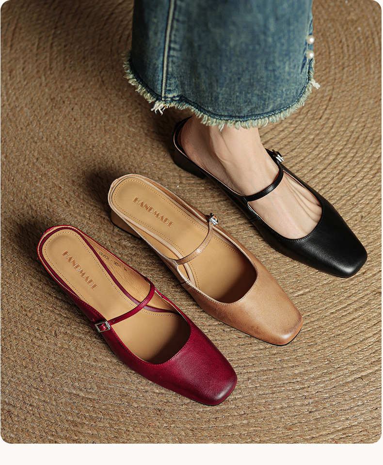 Sandal nữ quai ngang mũi vuông gót 4.5 cm da bò bít mũi hở gót — đen chi tiết 7