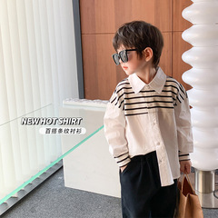 兒童上衣男女童2024春款帥氣百搭條紋襯衫寶寶寬鬆翻領撞色襯衣潮