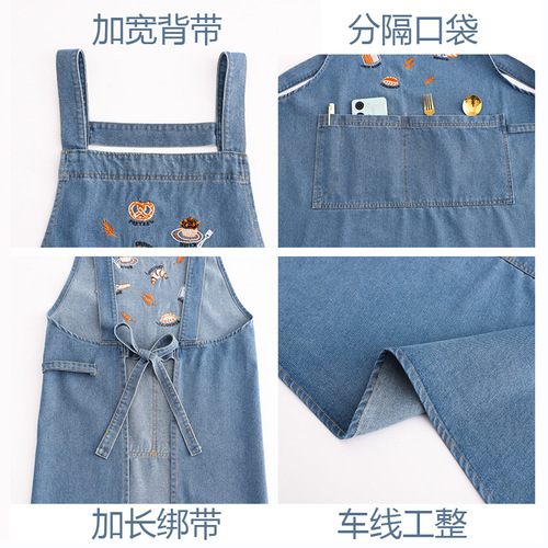 Foreign trade denim apron home kitchen retro fashionable literary men and women baking tea shop Korean style workwear