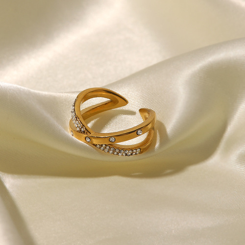 INS French-style niche design stainless steel plated with 18K gold women's versatile cross-set white diamond open ring
