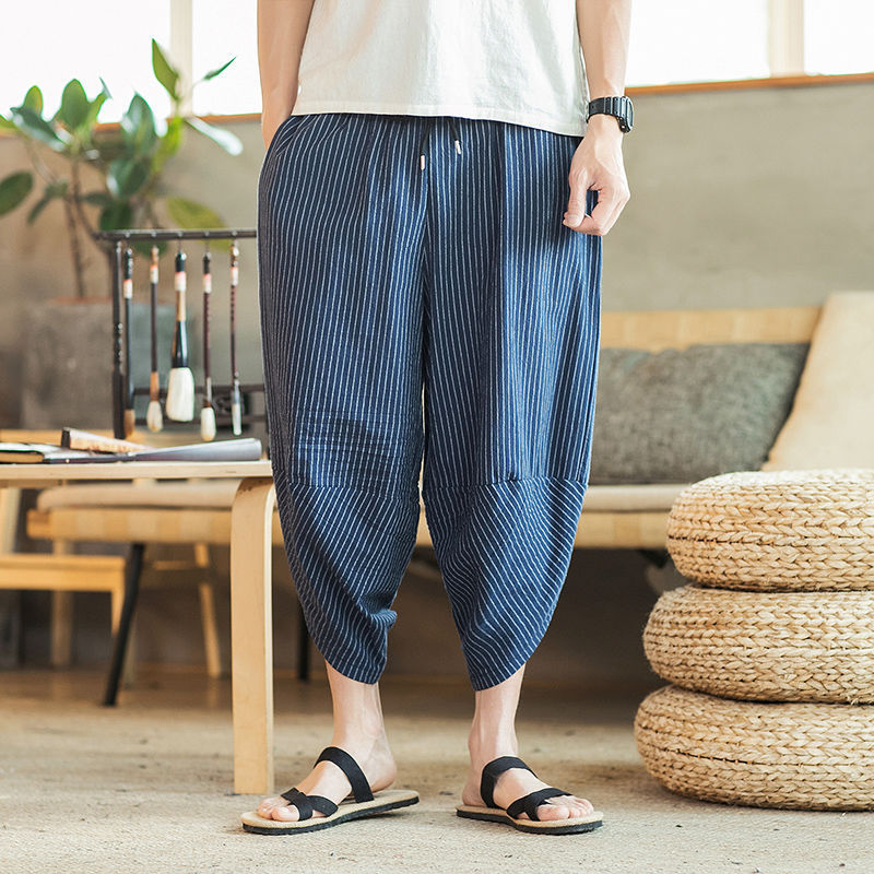 Pantalones cortos, pantalones casuales sueltos de lino de estilo chino étnico de verano para hombres, más gordos y grandes pantalones de bombachos gordos de moda