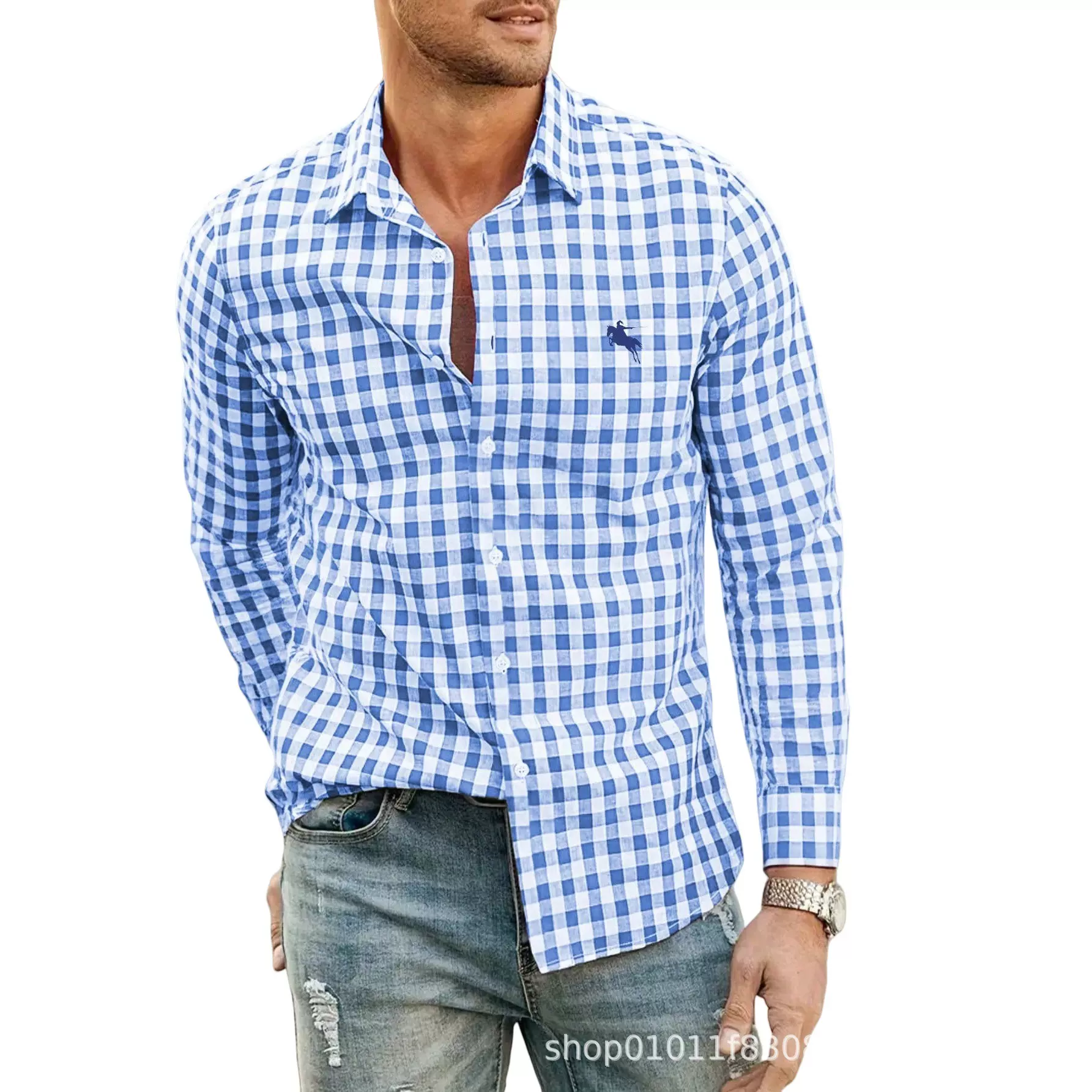 2025年跨境热销新款3D数码印花大码长袖格子男士衬衫简约透气衬衣