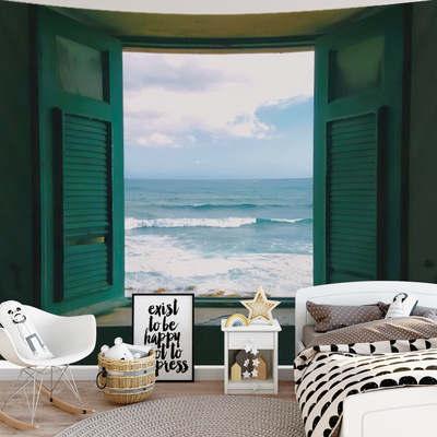 網紅ins背靠大海免打孔粘貼式挂布壁畫挂毯背景布滌綸裝飾布