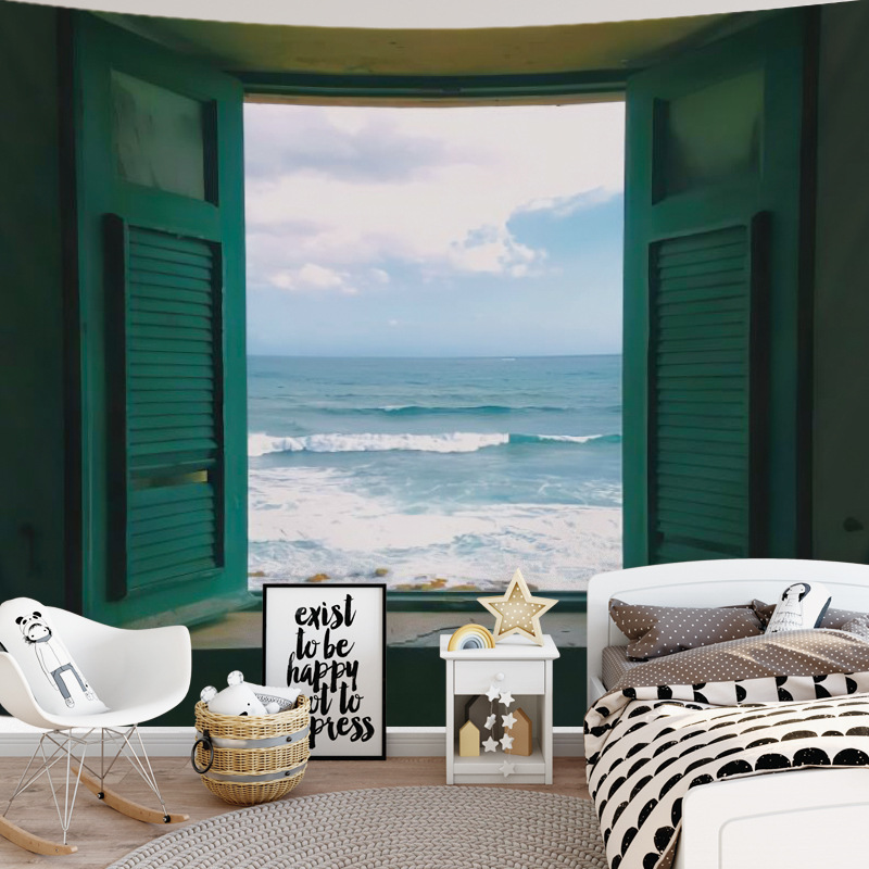 網紅ins背靠大海免打孔粘貼式挂布壁畫挂毯背景布滌綸裝飾布
