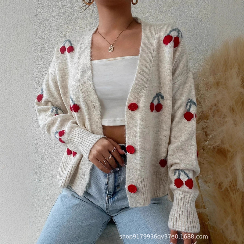 European and American Popular Women's Sweet Cherry Cardigan - Amazon Cross-Border Loose Button Autumn and Winter Sweater Jacket