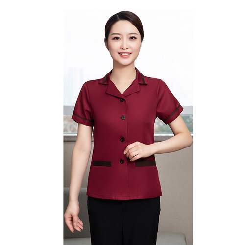 Summer Unisex Collared Short-Sleeve Cleaning Workwear for Hotels and Property, V-Neck Breathable Auntie Cleaning Uniform