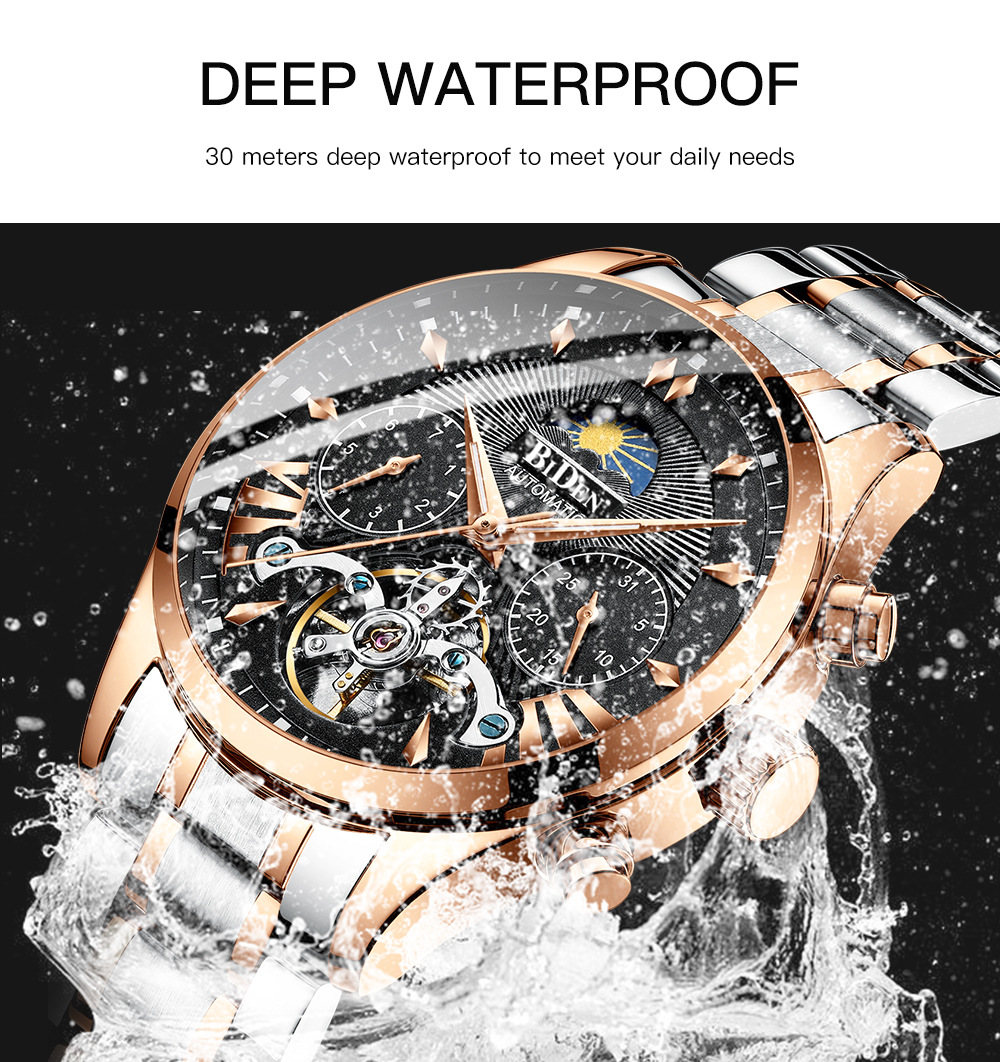 Biden Men's Mechanical Watch Multifunctional Sun Moon Star Luminous_voghion.com