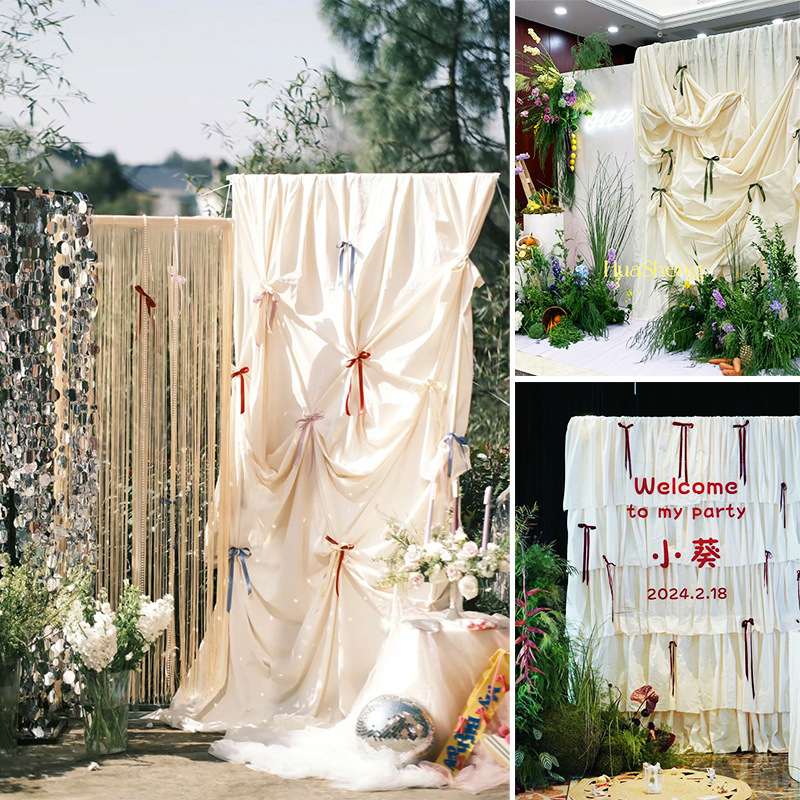 Bowknot Pleated Backdrop Hanging Curtain Photo Props Birthday First Year Korean Wedding Scene White Cloth Influencer Live Stream