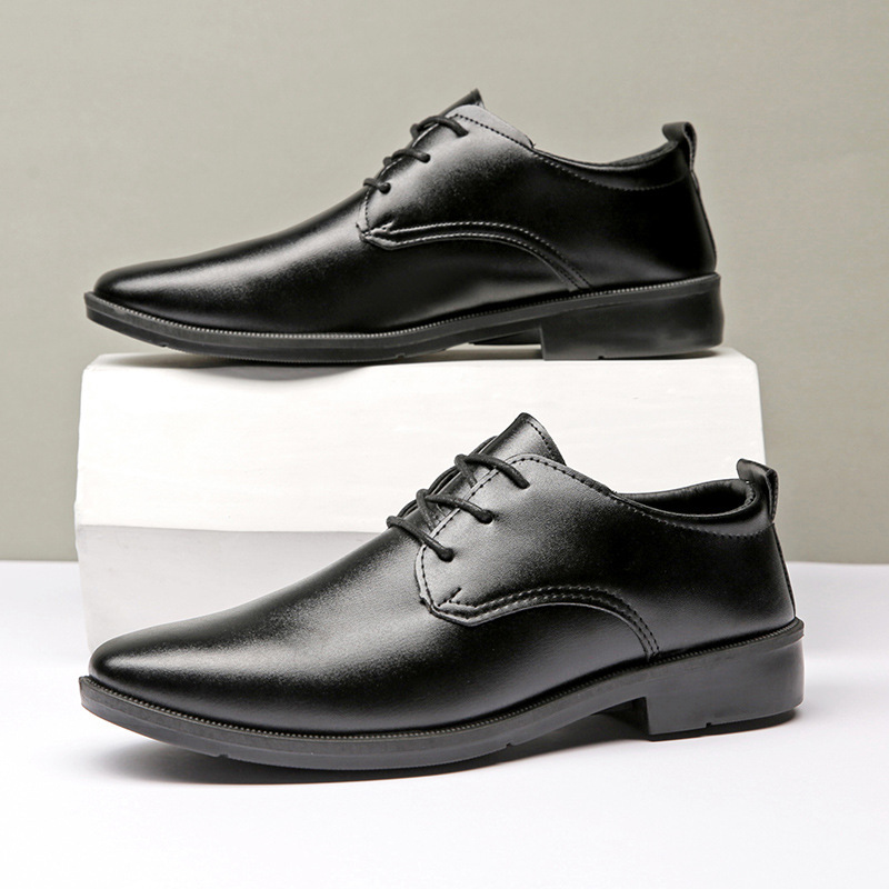 Business Leather Shoes Men's Black Casual Work Shoes Simple Fashion Best Man Wedding Shoes All-match Lace-up Soft Sole Anti-slip Men's Shoes