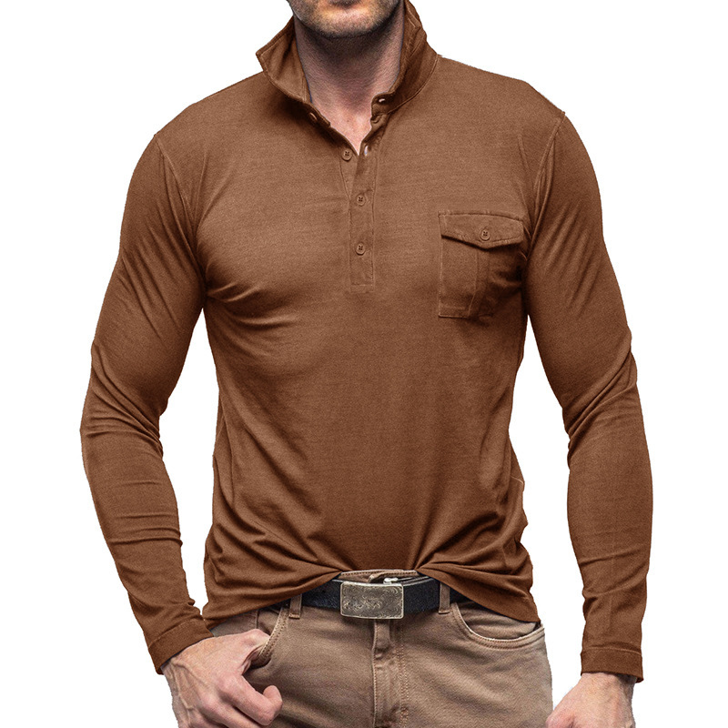 Autumn and Winter New Shirt with Polo Collar Men's Solid Long Sleeve T-shirt_voghion.com