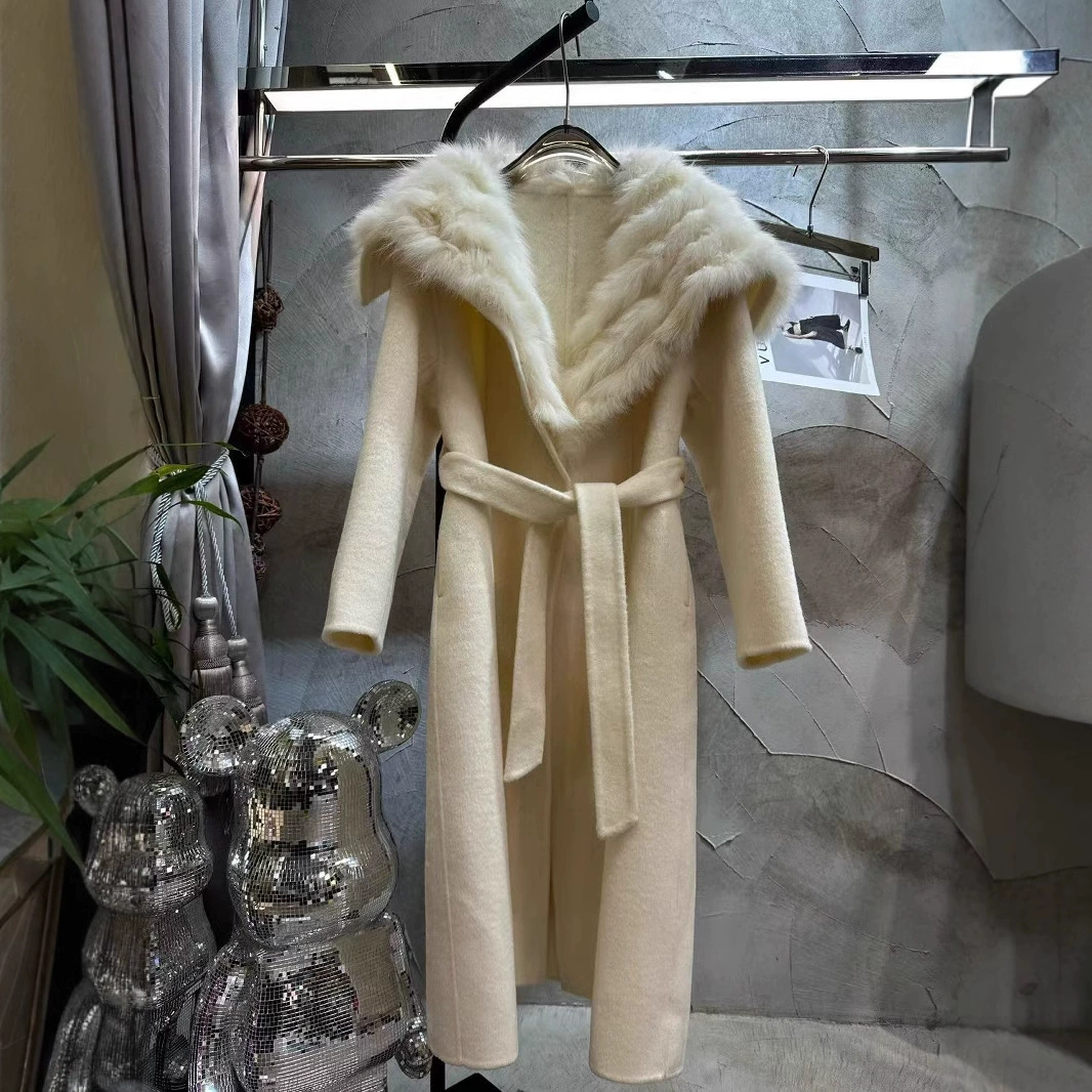 Новинка осени и зимы 2025 года, высококачественная кашемировая верхняя одежда для женщин, двусторонняя шерстяная верхняя одежда с длинным лисьим мехом, длинная верхняя одежда для женщин