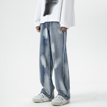 春季欧美高街裤子小众设计感泼漆直筒牛仔裤男炸街美式潮牌休闲裤