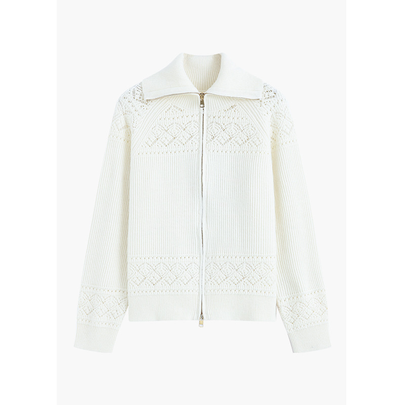 Lazy Style Lapel Long-Sleeved Cut Out Knitted Cardigan for Women 2025 Autumn and Winter New Fashion Double Zipper Sheep Wool Top