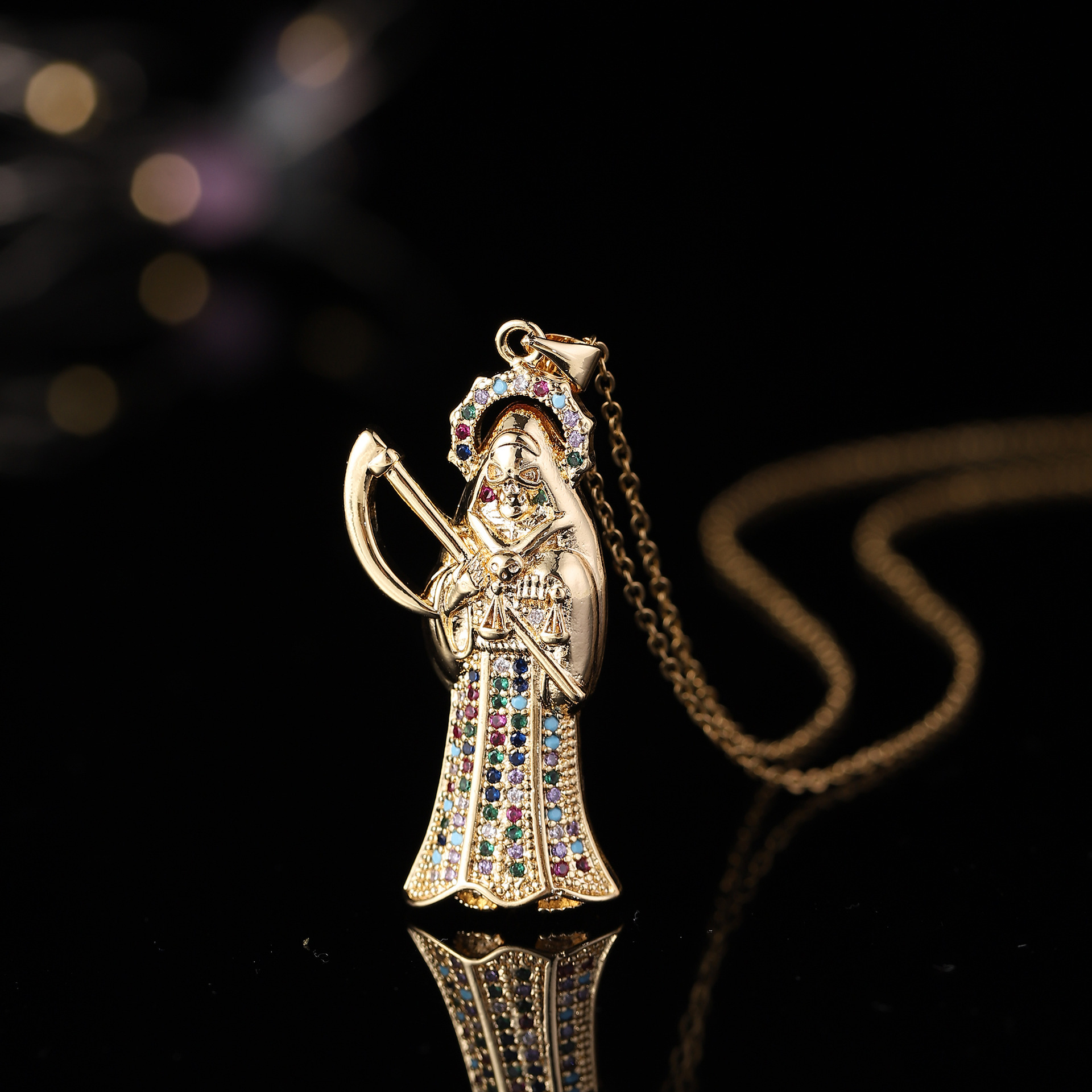 Nuevo estilo transfronterizo europeo y americano de cobre con incrustaciones de circón St. Jude God Hoz Reaper Skull Collar Colgante Joyas Joyas