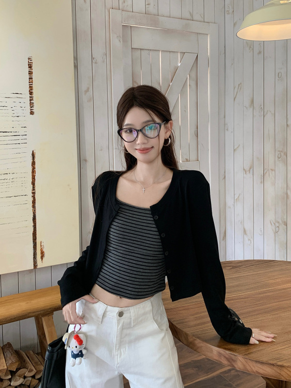 小众撞色条纹吊带背心辣妹套装女秋季气质长袖开衫短款外套两件套|undefined