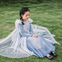 2024 Girls' Long-Sleeve Blue Ice Snow Gown Elsa Princess Dress