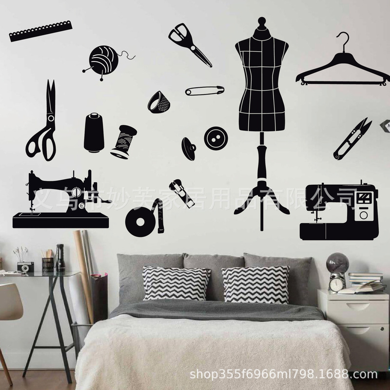 Sf46072 Cross-Border Hot-Selling Sewing Machine Hanger Black Wall Sticker Salon Clothing Store Background Wall Decoration Sticker Sf46072 Cross-Border Hot-Selling Sewing Machine Hanger Black Wall Sticker Salon Clothing Store Background Wall Decoration Sticker