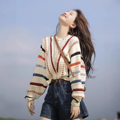 彩虹条纹长袖针织衫女春秋款圆领套头慵懒风短款毛衣女秋季外套女