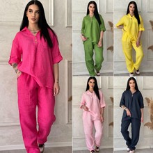 亚马逊爆款2025秋冬季跨境新款外贸女装长袖衬衫宽松裤子两件套装