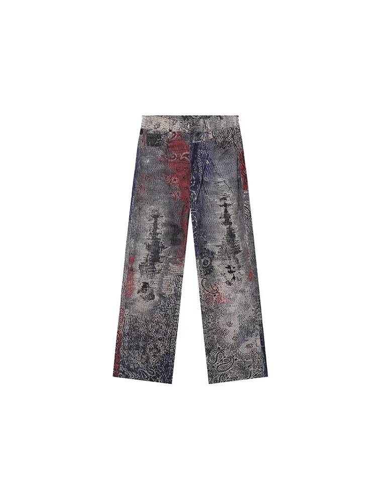 American High Street Trend Brand Wasteland Dirty Style Digital 3D Print Unisex Casual Wide-Leg Straight Jeans_viptrois.com
