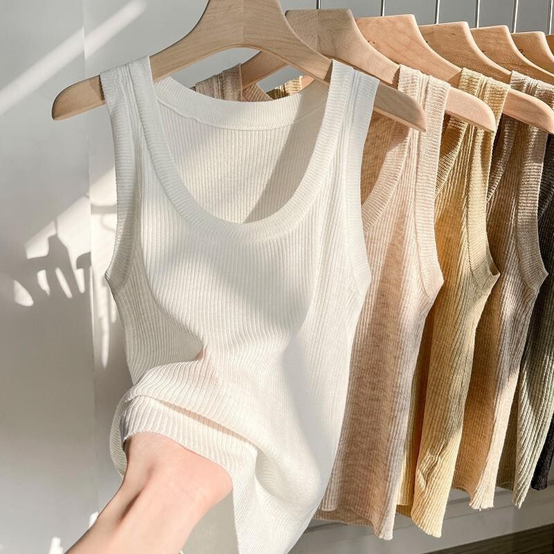 Korean-Style Gentle U-Neck Ice Silk Ribbed Camisole for Women, New Summer Slim-Fit Versatile Sleeveless Top