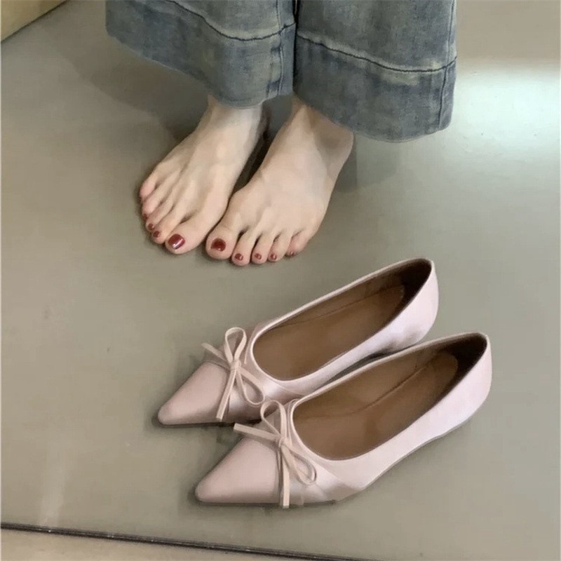 Shoes with bow pointed-toe for work and office low-cut flat
