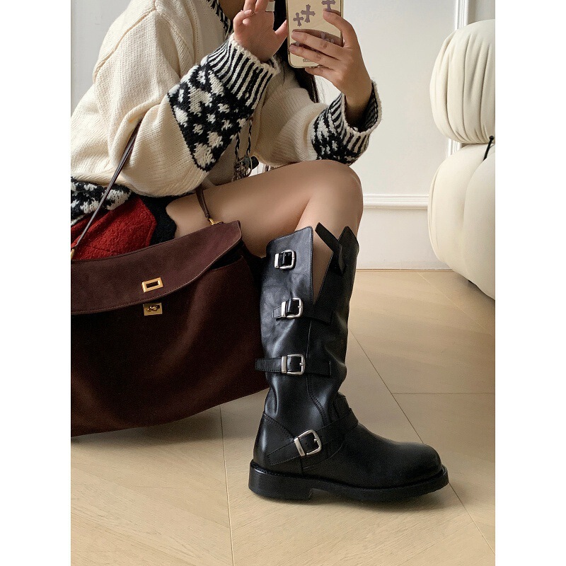 Cowhide Version ~ Retro Boots for Women, Thick Heel Belt Buckle High Black Boots, Versatile Genuine Leather Pleated Trouser Boots