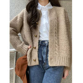 甜美短款外套女春秋新款宽松复古奶系外搭纯色针织衫上衣
