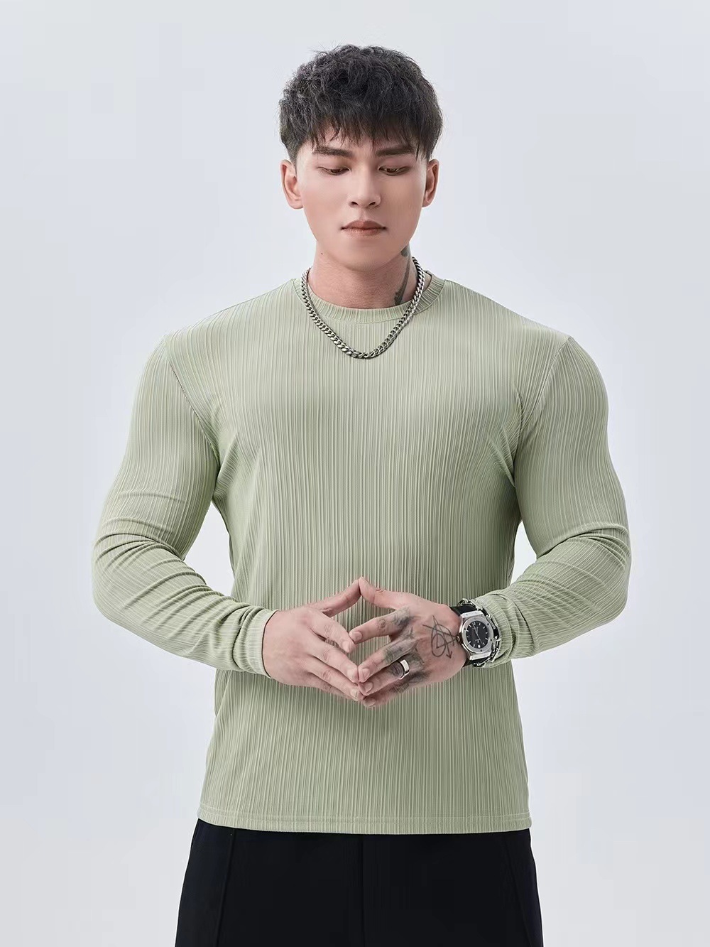 Sports basketball long-sleeve with a round collar for gym for training, tight, for running 4