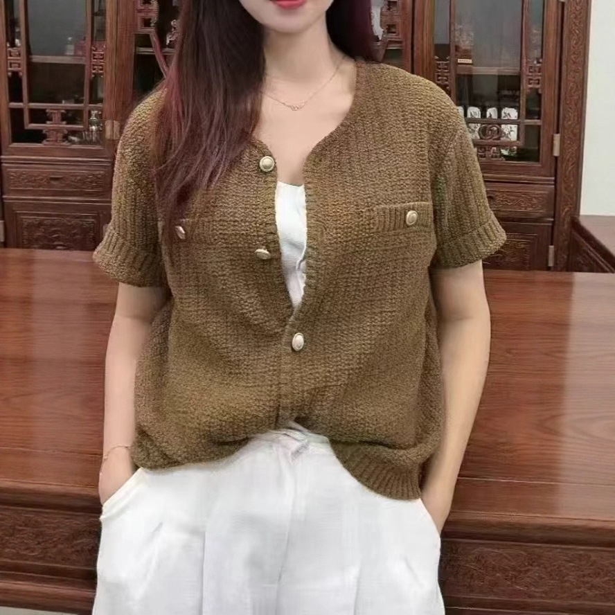 跨境亚马逊外贸原*女装针织衫 小香风圆领短袖ZA*女式毛衣开衫女