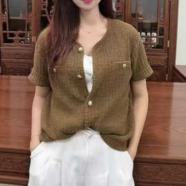 跨境亚马逊外贸原*女装针织衫 小香风圆领短袖ZA*女式毛衣开衫女