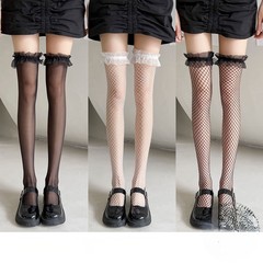 Mesh Thigh-High Stockings, Black Lace Hollowed-Out Silk Stockings for Women, Thin Style, Lolita Design, Black and White Lace Over-Knee Socks