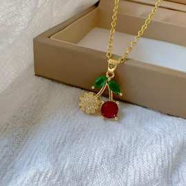 速卖通跨境简约时尚水果樱桃项链女小众设计樱桃吊坠镶锆石锁骨链