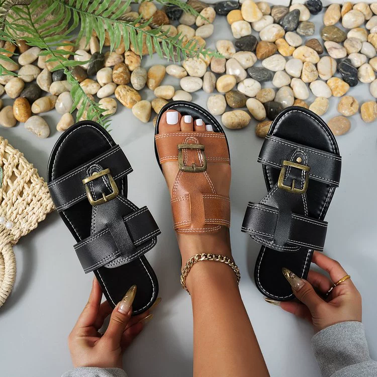 Европейская и американская внешняя торговля плоские тапки повседневные женские 2025 новые слова пряжки ремня удобные большие размеры