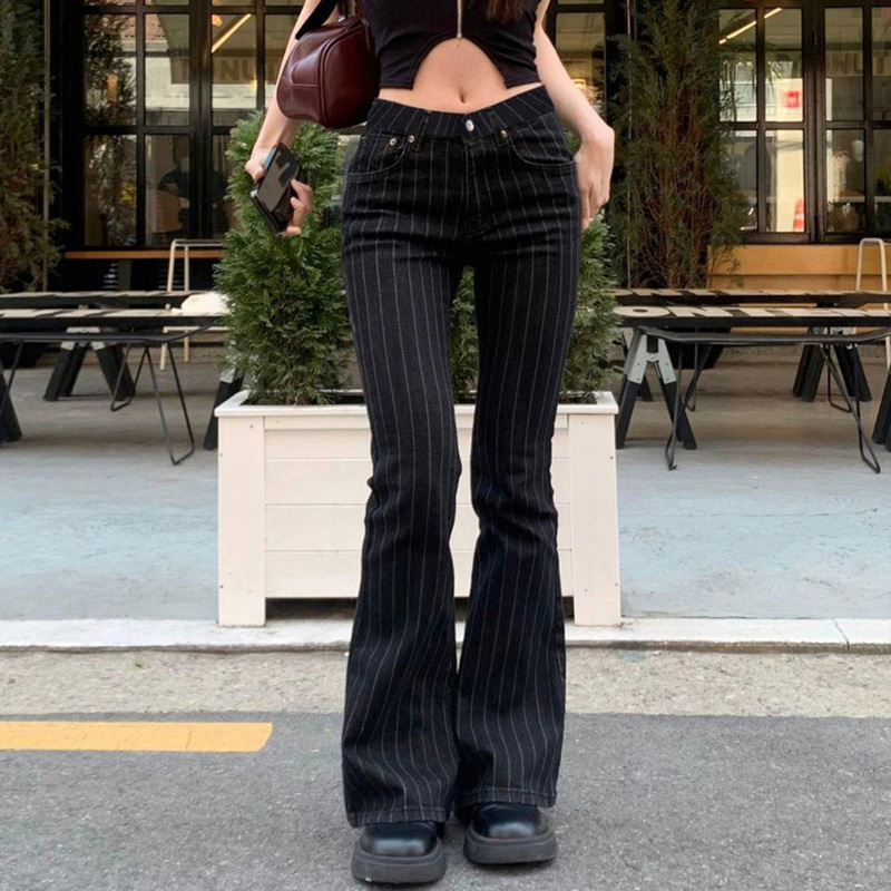 Ins-Style American Street Fashion Cool Girl Slim-Fit Striped Color-Block Flared Pants Cross-Border New Spicy Low-Waist Straight-Leg Jeans