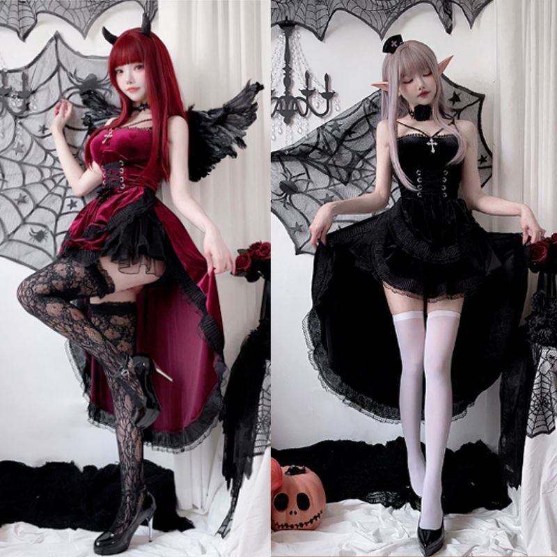 Halloween 2025 Dark Gothic Style Costume Women's Dress Swallowtail Witch Vampire Bride Performance Costume