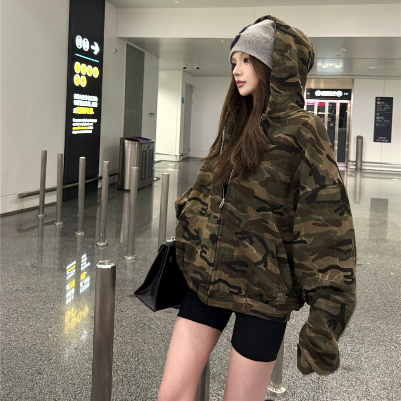 昕可达  迷彩连帽卫衣外套女美式慵懒chic宽松开衫休闲秋季短上衣|undefined