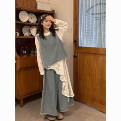 复古叠穿牛仔马甲阔腿裤不规则蕾丝连衣裙女2025春夏新款时尚套装