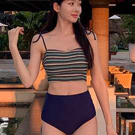 泳衣女韩版条纹吊带比基尼分体小平角裤两件套保守显瘦小胸泡温泉