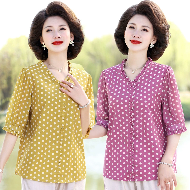 Женская одежда 2025: рубашка весна-осень, новый стиль для женщин среднего и старшего возраста, свободные топы, рубашка в горошек для бабушек