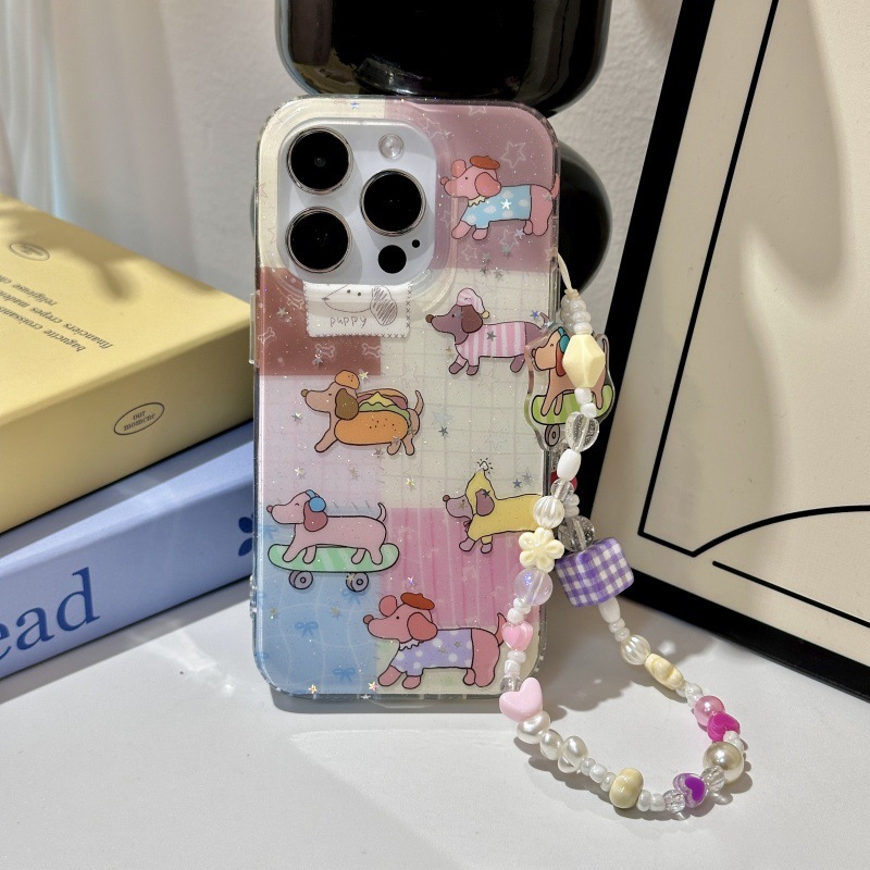 Perro salchicha de dibujos animados a cuadros de costura para Apple 15ProMax funda para teléfono móvil 16Pro brillo 14 femenino 13 nuevo 16P