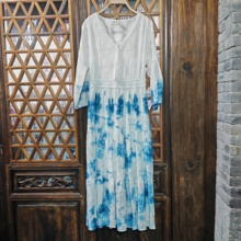 民族风大理扎染蓝染棉麻中袖连衣裙长裙长袍子日常女提花扎染工艺